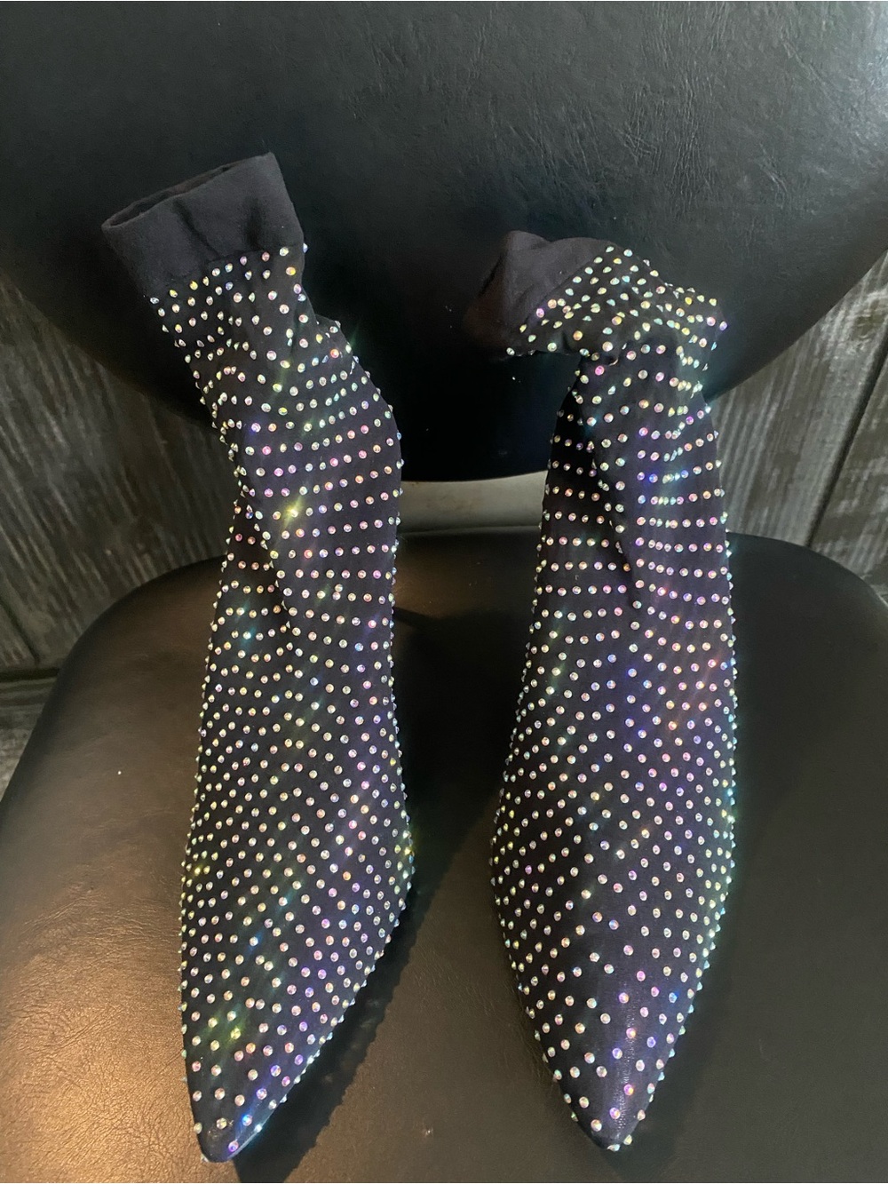 Fashion Nova Black Rhinestone Sock Pointed Toe Heels